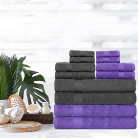 Ample Decor Set of 12 600 GSM 100% Cotton - 4 Bath Towels, 4 Hand Towels, 4 Wash Cloths, Absorbent Soft Premium Quality Machine Washable, Oeko Tex Certified Ideal for Gifting - Grey - Purple