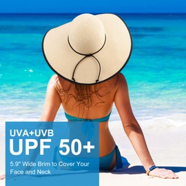Dreshow Women's Wide Brim Straw Hat Foldable Protection Beach Hat Elegant Summer Sun Hat UPF 50+ - Beige Brim.