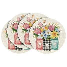 Artoid Mode Bottle Wild Flowers Butterfly Round Spring Placemats Set of 4, 14 Inch Summer Round Table Mats for Dining Decoration