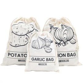 A&M Natural Living Potato Bag, Onion Bag and Garlic Bag Set of 3, 30cm x 40cm Onion Storage and Potato Storage, 20cm x 25cm Garlic Storage, Eco Friendly Cotton Material with Drawstring Closure