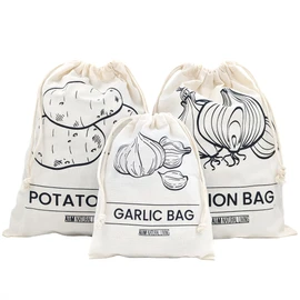 A&M Natural Living Potato Bag, Onion Bag and Garlic Bag Set of 3, 30cm x 40cm Onion Storage and Potato Storage, 20cm x 25cm Garlic Storage, Eco Friendly Cotton Material with Drawstring Closure