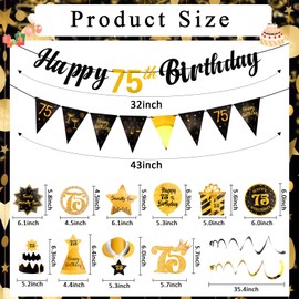 Hapdoo 75th Birthday Decorations Set - 75th Birthday Decorations Men Happy 75th Birthday Banner Triangle Flag Hanging Swirls Streamers for Women Men Birthday Party Decorations Supplies, Black and Gold