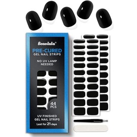 Beaolata Pre Cured Gel Nail Strips - 44PCS Salon Quality Gel Nail Stickers - Long Lasting Polish Wraps for Women no UV Light Needed Easy Apply& Remove (Obsidian Black)