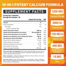 Calcium 1200 mg with Vitamin D3 Supplement for Adults - Calcium Gummies with 5000iu Vitamin D3, K2, B6, B12, Magnesium & Zinc - Calcium Supplement for Women Men - Easy to Digest, Vegan