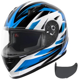 VCAN VX Lightweight Full Face Motorcycle Street Bike Helmet with Extra Tinted Visor DOT & ECE 22.05 Approved (Gloss Black Stream Blue, Medium)
