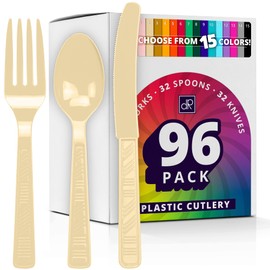 DecorRack Plastic Cutlery Set, Cream Colored Plastic Silverware Sets for Parties, 96 Piece Bulk Heavy Duty Utensils (Cream, 96 Pieces)