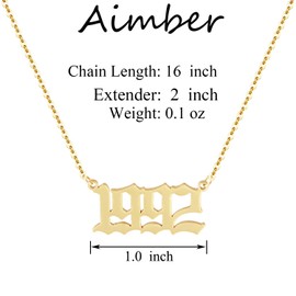 Aimber Birth Year Necklace 18K Gold Plated Birth Year Number Pendant Necklace Stainless Steel Birthday Year Necklace for Women,1970-2024(1992)