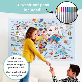 eatsleepdoodle Colouring Tablecloth For Kids w/ 10pk Washable Markers For Kids - 130x85cm World Map Colouring Poster - Kids Colouring Tablecloth Ultra Washable & Reusable Arts and Crafts For Kids