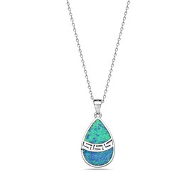 925 Sterling Silver Blue Turquoise-Tone Simulated Opal Teardrop Pendant Necklace