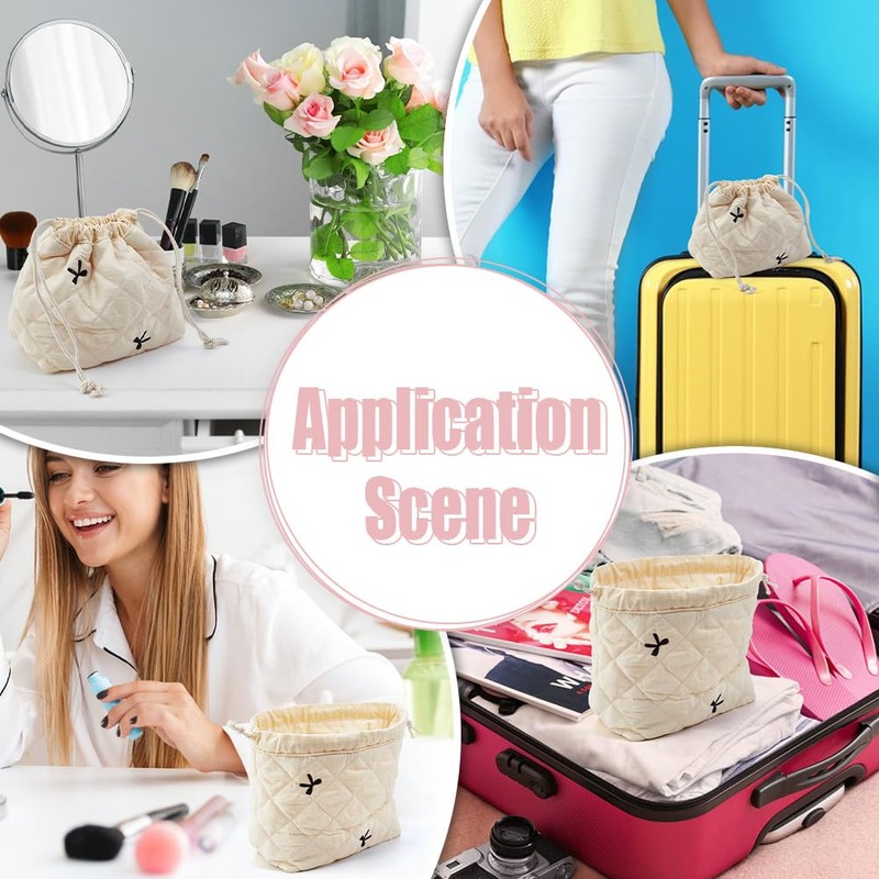 PLIGREAT Small Drawstring Makeup Bag Cotton Quilted Cosmetic Bag with