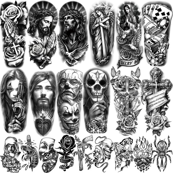 77 Sheets Christian Chicano Temporary Tattoos Adult Men Women Jesus
