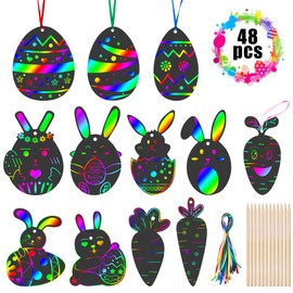 48 Pieces Easter Scratch Pictures for Children, Rainbow Scratch Paper for Crafts with Stencils, Wooden Pens for Adults, Boys, Girls, DIY