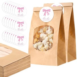FDKYOEK 24 PCS Paper Popcorn Bags with Pink Bow Stickers, Thanks for Popping by Tags Popcorn Bags with Clear Window, Baby Shower Treat Bag for Packaging Bakery Candy Cookie