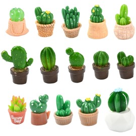 Stiesy 30 Pcs 15 Styles Miniature Plants Cactus Slime Charms Mini Resin Potted Plants Flatback Beads No Hole Artificial Tiny Greenery Ornament for DIY Jewelry Making House Decorations