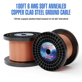 100FT 6AWG Soft Annealed Solid Grounding Wire, Per UL-467 10 Mils Copper Clad Steel Ground Cable Earth Wire (Copper Clad, 100FT / 6AWG)