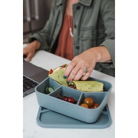 Spoondrift 100% Food Grade Eco-Friendly Leak-Proof Silicone Bento Box Lunchbox, For Child And Adult, 4 Compartment, Choose from 6 Colors (Includes 1 Box, Dusty Blue)