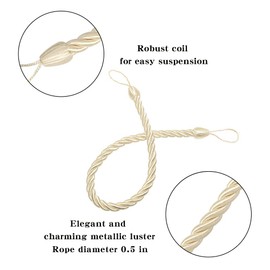 BEL AVENIR Curtain Ropes Tiebacks Tie-Backs, Curtain Handmade Holdbacks with 2 Metal Screw Hooks (Beige, 2pack)