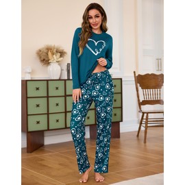 Demegimi Women's Long Winter Pyjamas Women's Cotton with Print Soft Heart Pattern Sleepwear Leisure Suit S-XXL, cobalt blue, M