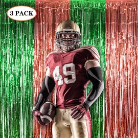 LOLStar 3 Pack Football Party Decorations, 3.3x6.6ft Green Brown Foil Fringe Curtains Metallic Tinsel Photobooth Props Backdrop for Super Ball Sunday Fantasy Football Draft Streamers Decors Supplies