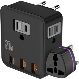 European Travel Plug Adapter for EU & UK, Fast Charger QC 3.0 & 20W PD USB-C, US to Europe Power Adaptor 3 Outlets 3 USB Quick Charge, American to Ireland Italy France Travel Essentials Accessories