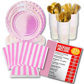 Jubi Shiny Pink Iridescent Party Supplies for 30 Guests - Pink Party Tableware Decorations with Pink Tablecloth for Birthday Party, Anniversary, Bachelorette, Thanksgiving, and Valentines - 211 pcs