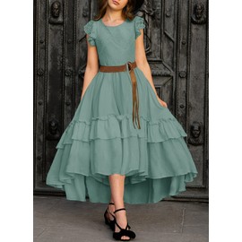 HOSIKA Flower Girl Dress Elegant Ruffle Sleeve Flowy Maxi Formal Bridesmaid Dress for Wedding Light Green 6-7 Years