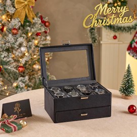 ProCase Watch Box for Men, Jewelry Organizer Box with Drawer, Display Storage Case with Glass Lid -Black, 8 Slot