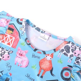 Toddler Girls Farm Cow Pig Animal Printed Dresses Ruffle Bottom Flutter Sleeve Apparel 4-5T