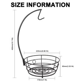 Livabber Countertop Fruit Basket Bowl with Banana Hanger, Modern Standing Fruit Vegetable Bowl Storage, with Banana Tree Holder for Kitchen Dinning Table (Round Metal, Black)