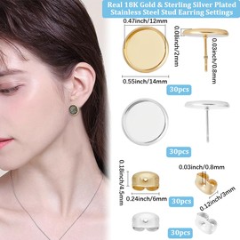 Beebeecraft 1 Box 60 Pieces Cabochon Stud Earrings Blanks 18 Carat Gold and 925 Sterling Silver Plated Flat Round Earring Tray Findings for Jewellery Making DIY Crafts