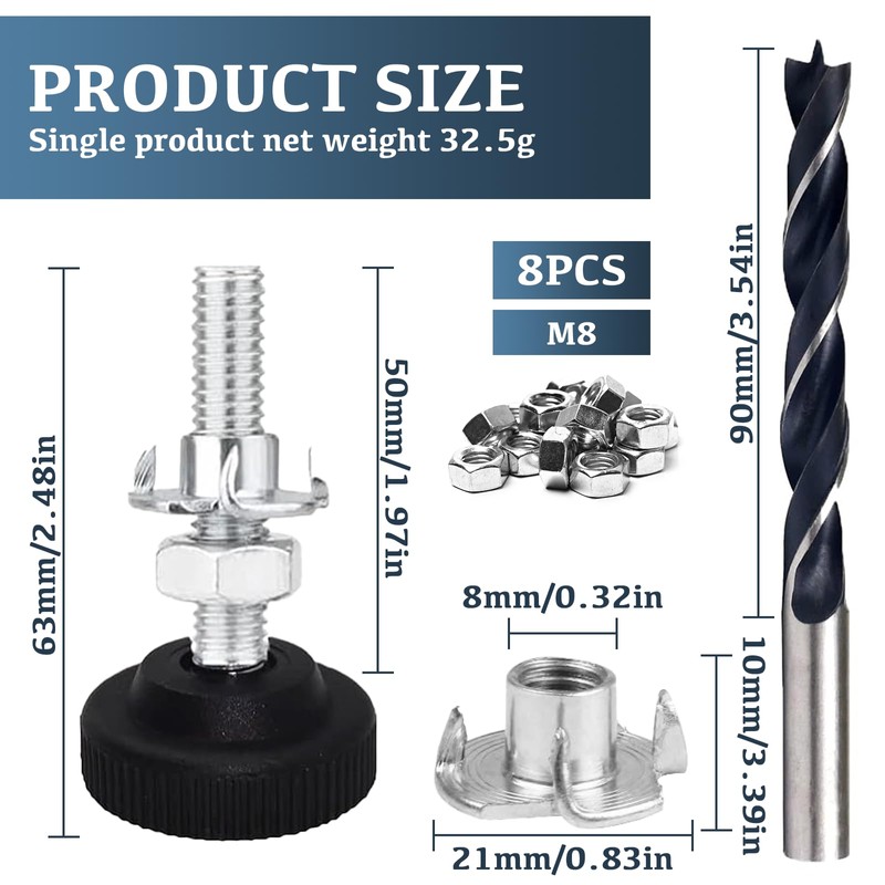 LFCFBH 8PCS Adjustable Feet for Furniture, Non-Slip Levelling Feet(M8 X