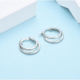 Silver Hoop Earrings for Women Girls, Dainty White Gold Plated Double Hoop Earrings with Cubic Zirconia Jewelry Gifts for Birthday Wedding
