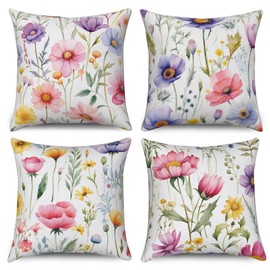 ASDCXZ Flower Cushion Cover 40 x 40 cm Set of 4 Fresh Rose Purple Yellow Flower Leaves Sofa Decorative Cushion Covers Washable Polyester Flax Textile Outdoor Cushion Cover