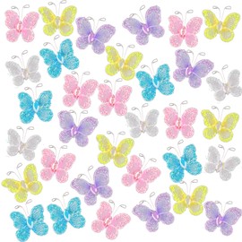 ANNASAMDO Pack of 50 Artificial Butterflies, DIY Crafts, Transparent Sheer Mesh Wire Glitter Butterfly with Gemstone for Home Party Wedding Decoration, Yellow, Blue, Pink, Purple, White