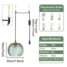 KAKINOTE Mid-Century Green Striped Clear Glass Pendant Light 14.76FT Plug in Golden Hanging Light Modern Ribbed Globe 7.8 Dia Light Fixture for Living Room Dining Room Bedroom Kitchen Island 20cm E26
