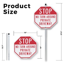 Stop No Turn Around Private Driveway 10 inch X 10 inch Octagon Plastic Sign with Aluminum Mounting Stake Weather Resistant UV Protected for Workplace Private Property and Construction Site