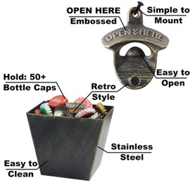 HAIICEN Outdoor Wall Mounted Beer Bottle Opener with Cap Catcher Bucket Screw in Wall Stainless Antique Bronze