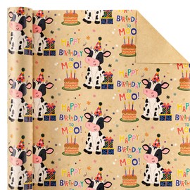 WRAPAHOLIC Kraft Cow Birthday Wrapping Paper Roll - Mini Roll - 17 Inch x 16.5 Feet - Cow Wrapping Paper with Cakes and Happy Birthday Moo Design Perfect for Girls Boy Kids, Baby Shower
