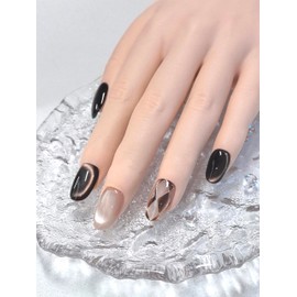 Maillard Style Cats eye Short Oval press on nails, deep brown tones, combination of milk tea color+tartan. Featuring accent color designs.(Mailland, Medium hands)