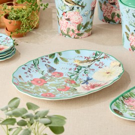 Flora Ceramic Oval Platter – 14" x 10" Large Decorative Serving Dish with Pastel Floral, Butterfly, and Bird Patterns, Perfect for Appetizers, Charcuterie, and Dessert