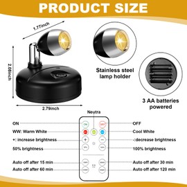 Hortsun 6 Pcs Mini Battery Operated Spotlights with 3 Remote Indoor Plant Wireless LED Spot Lights Rotatable Dimmable Accent Picture Lights for Wall Artwork Painting Display(Black)