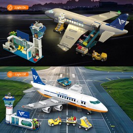 HOGOKIDS City Passenger Airplane Building Set with LED Light, 901 PCS Plane Building Blocks with Airport Terminal, Radar Tower, Luggage Trailer, Planes Model Toys Gifts for Adults Boys Girls Age 6-12+