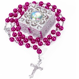 FLAFARY 8mm Rosary Beads Necklace, Rosary Beads Catholic for Men and Women Comes in a Metal Gift Box, First Communion Rosary Necklace as Gifts(Rosered)