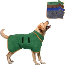 RYUREI Dog Drying Coat - Microfiber Pet Towel Robe, Super Absorbent Bathrobe, Fast Drying Bag With Adjustable Collar & Belly Strap for Dogs and Cats (Green, S 7-14KG)