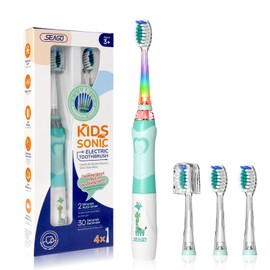 SEAGO Kids Electric Toothbrush with 2 Mins Brushing Timer and 4 Replacement Bursh Heads, Rainbow LED Light Make Brushing Fun, Green Color Boys Battery Powerd Toothbrush for 4-12 Years Old，SG-977