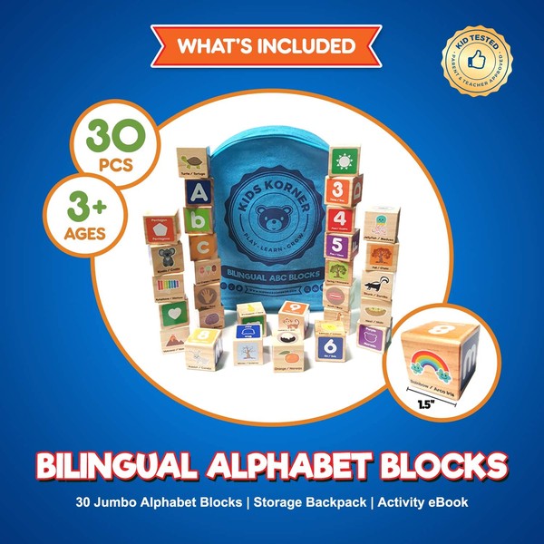 Alphabet Blocks Toys For Toddlers - Jumbo Bilingual Educational Toys For 2 Year Olds, Stacking Toys & ABC Games For Kids 3 4 5 with 30 Wooden Blocks, Toddler Learning Activities eBook, Travel Backpack