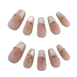 Allvounail Press on Nails 100% Handmade French Tip Gold Full Cover Cat Eye Acrylic False Nails with Design for Women Reusable Medium Cooffin 10 Pcs(Nude,M)