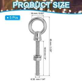 PATIKIL Lifting Eye Bolts UNC1/4"-20, 5 Pcs 316 Stainless Steel Marine Grade Machinery Shoulder Lifting Ring Threaded Eyebolt with Washer & Nut for Hanging Tie Down Straps, Silver
