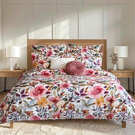 Levtex Home - Mona Duvet Cover Set - Twin Duvet Cover (68 x 88in.) + One Standard Pillow Case (26 x 20in.) - Watercolor Floral - White Mauve Deep Purple Blush Ochre Green - Cotton