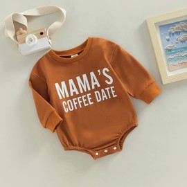 Kuriozud Newborn Baby Boy Girl Sweater Romper MAMAs Coffee Date Oversized Sweatshirt Fall Winter Clothes Valentines Day Outfit (Mama's Coffee Date Brown, 9-12 Months)